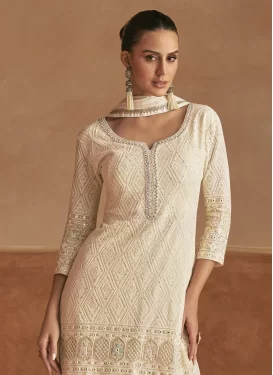 Embroidered Work Georgette Palazzo Suit in Cream for Women