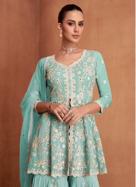 Georgette Sharara Suit with Embroidered Work for Ceremonial in Turquoise
