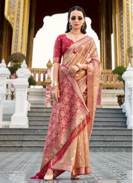 Woven Work Tissue Trendy Saree in Beige and Salmon for Ceremonial