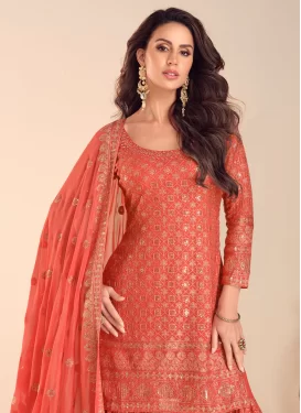 Georgette Sharara Suit in Tomato with Embroidered Work for Women