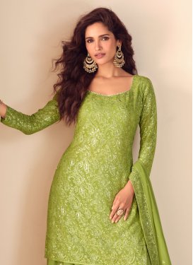 Mint Green Georgette Palazzo Suit with Embroidered Work for Party
