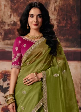 Beads Work Organza Traditional Saree in Olive for Women