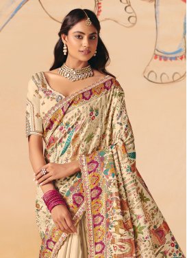 Embroidered Work Dola Silk Traditional Saree in Cream for Bridal