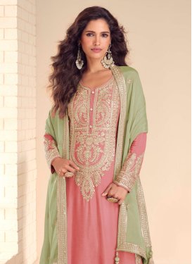 Chinon Readymade Salwar Suit with Embroidered Work in Salmon
