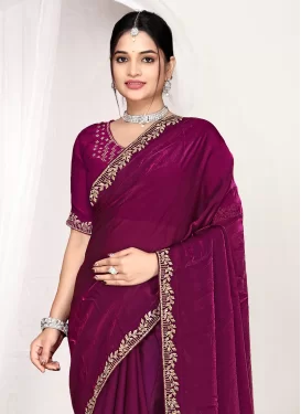 Swarovski Work Satin Silk Trendy Saree in Fuchsia for Ceremonial