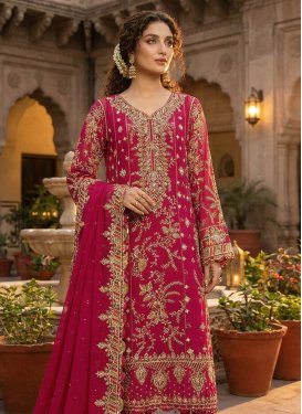 Embroidered Work Chiffon Straight Suit in Rose Pink for Women