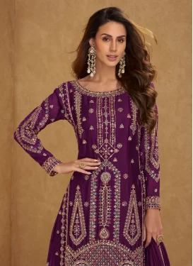 Chinon Palazzo Suit in Purple with Embroidered Work for Women