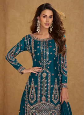 Embroidered Work Palazzo Suit For Festival in Teal