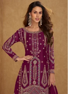 Embroidered Work Palazzo Suit For Party in Fuchsia