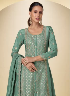Embroidered Work Shimmer Palazzo Suit in Sea Green for Women
