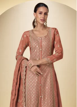 Shimmer Palazzo Suit with Embroidered Work in Peach
