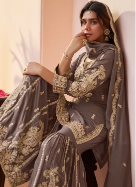 Chinon Sharara Suit with Embroidered Work for Festival in Brown