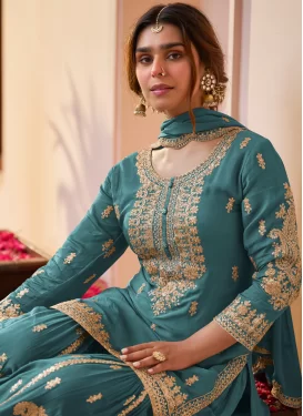 Chinon Sharara Suit with Embroidered Work for Festival in Aqua Blue