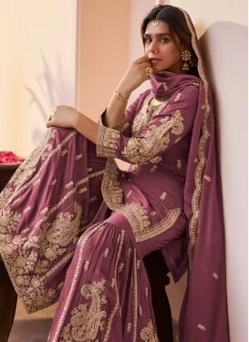 Chinon Sharara Suit in Hot Pink with Embroidered Work for Women