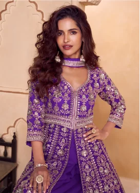 Chinon Palazzo Suit in Purple with Embroidered Work for Women