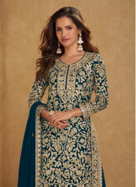 Embroidered Work Georgette Palazzo Suit in Teal for Women
