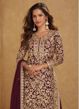 Crimson Georgette Palazzo Suit with Embroidered Work for Festival