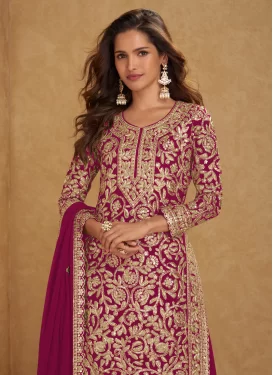 Embroidered Work Georgette Palazzo Suit in Rose Pink for Ceremonial