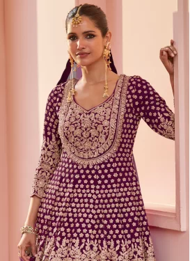 Embroidered Work Georgette Kameez Style Lehenga Choli in Purple for Women