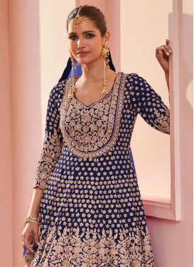 Georgette Kameez Style Lehenga Choli with Embroidered Work in Navy Blue