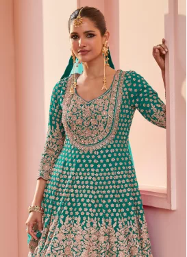 Georgette Kameez Style Lehenga Choli with Embroidered Work for Festival in Aqua Blue