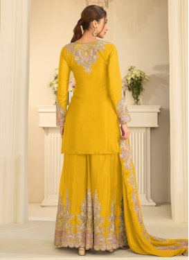 Embroidered Work Chinon Palazzo Suit in Mustard for Women