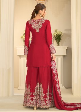 Embroidered Work Chinon Palazzo Suit in Red for Women