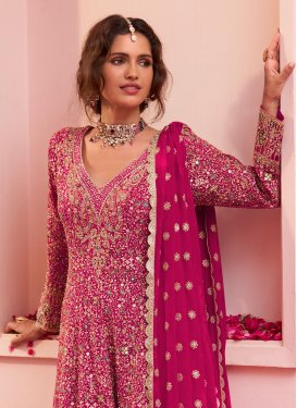 Georgette Palazzo Suit with Embroidered Work in Rose Pink for Ceremonial