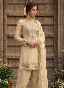 Shimmer Readymade Salwar Suit with Embroidered Work for Festival in Cream