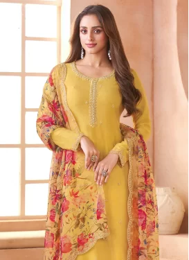Mustard Chiffon Embroidered Work Straight Suit for Women