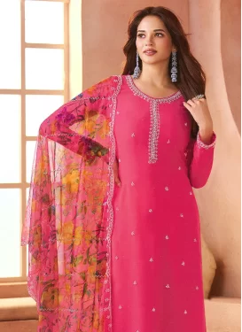 Chiffon Straight Suit in Rose Pink with Embroidered Work for Women