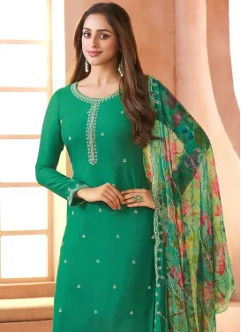 Green Chiffon Embroidered Work Straight Suit for Women