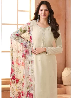 Chiffon Straight Suit with Embroidered Work for Festival in Off White