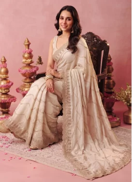 Off White Satin Silk Classic Saree with Embroidered Work for Ceremonial