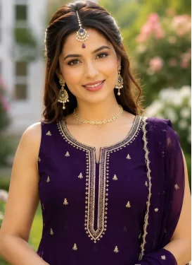 Embroidered Work Georgette Readymade Salwar Suit in Purple for Women