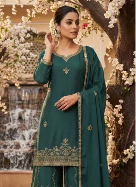 Chinon Palazzo Suit in Green with Embroidered Work for Women
