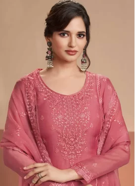 Chiffon Straight Suit with Embroidered Work in Salmon for Party