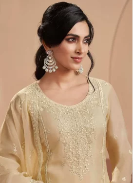 Chiffon Straight Suit with Embroidered Work in Cream