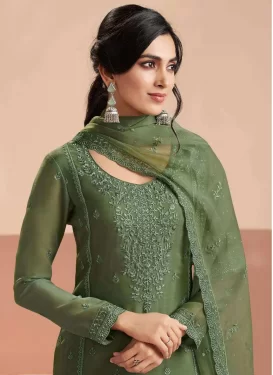 Embroidered Work Chiffon Straight Suit in Green for Women
