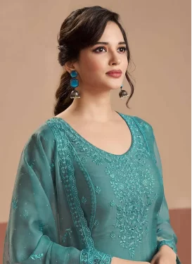 Chiffon Straight Suit with Embroidered Work for Ceremonial in Aqua Blue