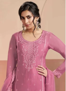 Chiffon Straight Suit with Embroidered Work in Mauve Pink for Festival