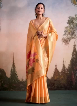 Linen Traditional Saree in Peach with Woven Work for Festival