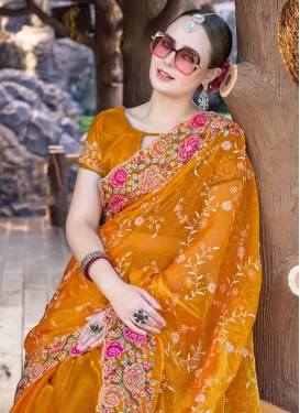 Organza Trendy Saree with Embroidered Work in Orange for Festival