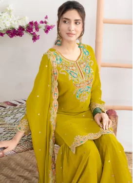 Chinon Embroidered Work Sharara Suit in Olive