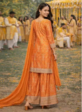 Chinon Palazzo Suit with Digital Print Work in Orange for Festival