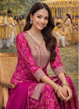 Chinon Digital Print Work Palazzo Suit in Fuchsia