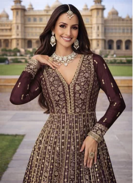 Embroidered Work Trendy Gown For Festival in Coffee Brown