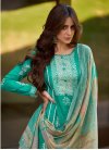 Off White and Turquoise Pant Style Straight Salwar Kameez For Festival - 2