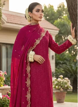 Georgette Straight Suit with Embroidered Work in Rose Pink for Festival