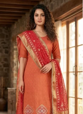 Orange Rayon Straight Suit with Cutdana Work for Ceremonial